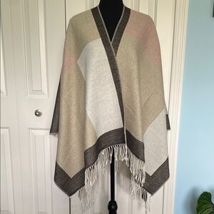 Beautiful Pink Grey And Tan Fringe Shrung Wrap Poncho One Size Fits Most